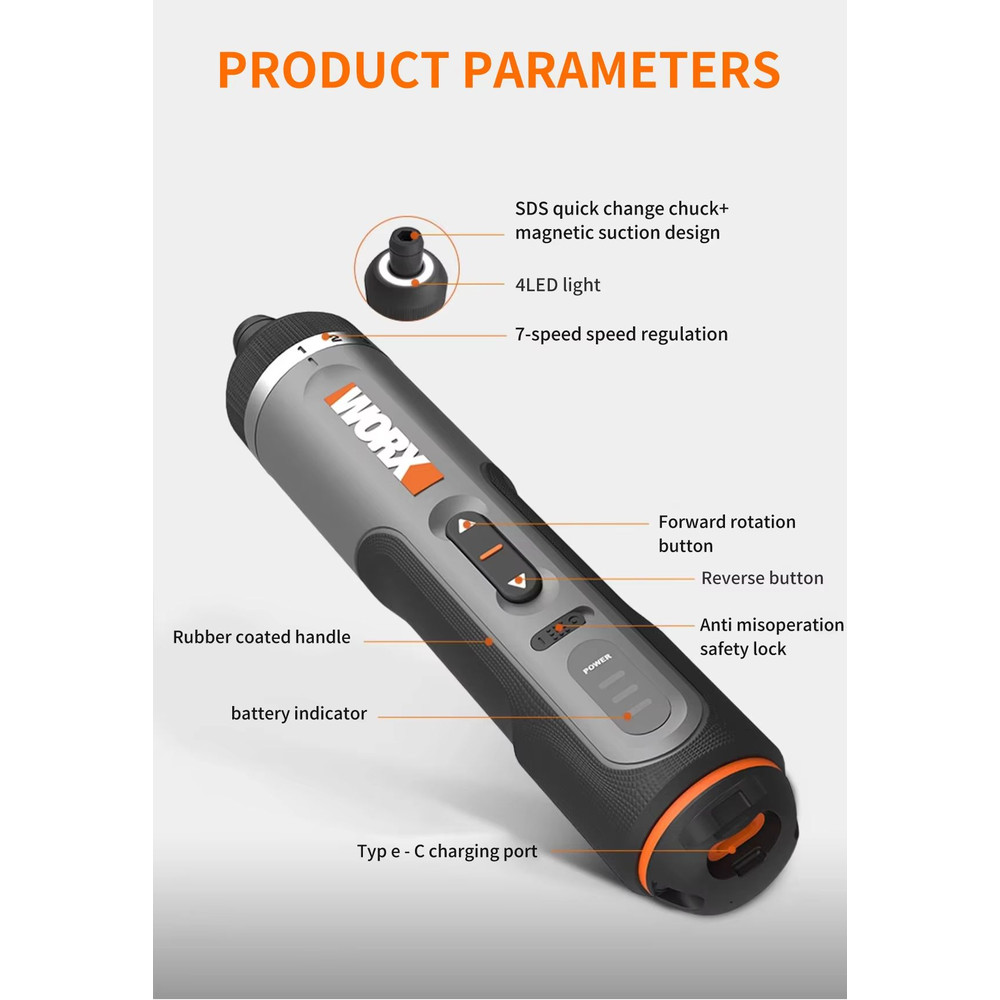 Worx WX242 Smart Cordless Electric Screwdriver Kit  30Bit USB Rechargeable Set 1