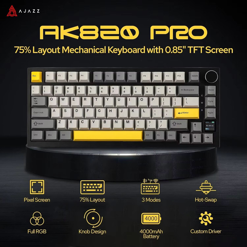Ajazz AK820Pro Wireless Mechanical Gaming Keyboard  HotSwappable GasketMounted With Customizable Kn 0