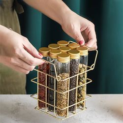 glass jar storage basket set – 9-piece spice organizer with lids and gold metal rack for tea, coffee, candy & more