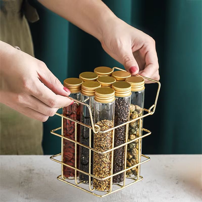 Glass Jar Storage Basket Set  9Piece Spice Organizer With Lids And Gold Metal Rack For Tea Coffee C 0