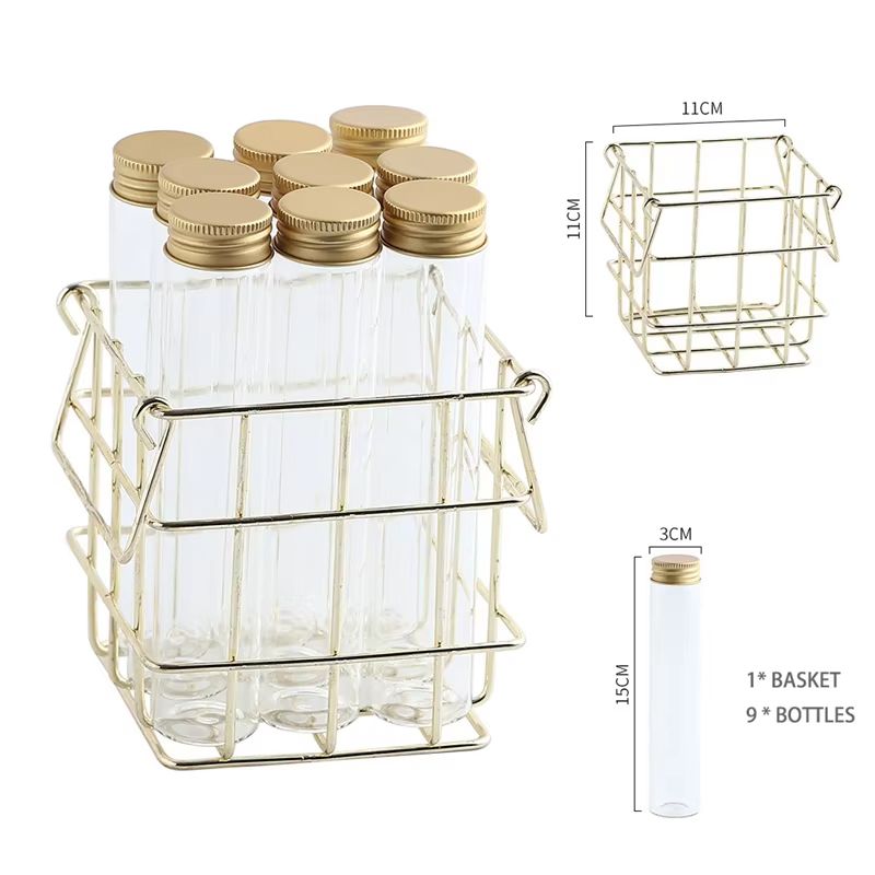 Glass Jar Storage Basket Set  9Piece Spice Organizer With Lids And Gold Metal Rack For Tea Coffee C 1