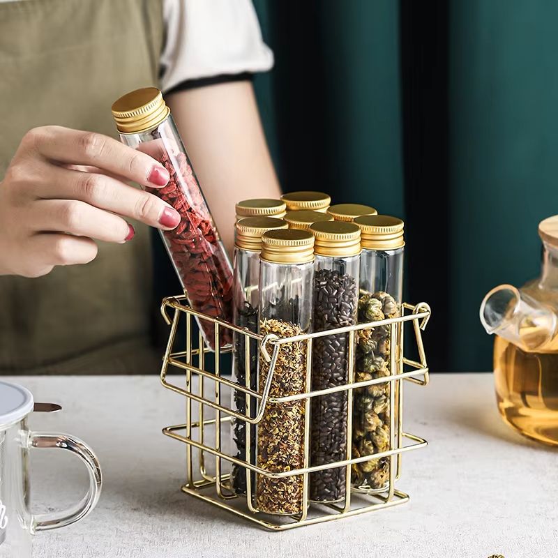 Glass Jar Storage Basket Set  9Piece Spice Organizer With Lids And Gold Metal Rack For Tea Coffee C 2