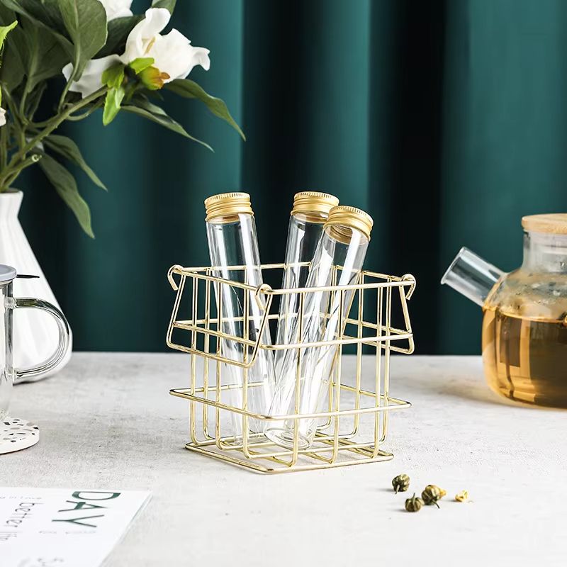 Glass Jar Storage Basket Set  9Piece Spice Organizer With Lids And Gold Metal Rack For Tea Coffee C 4