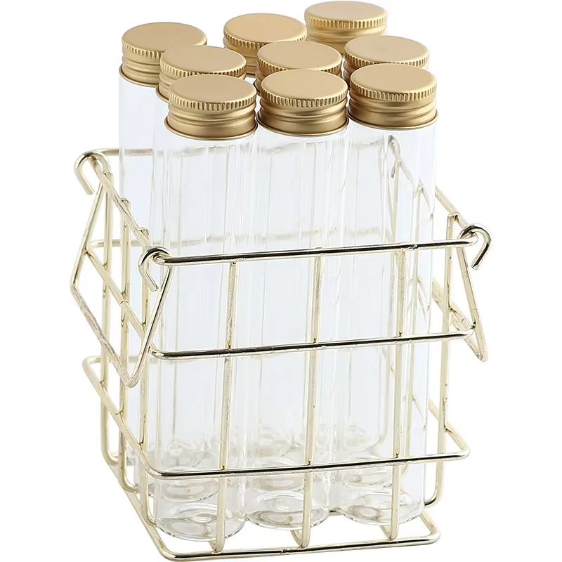 Glass Jar Storage Basket Set  9Piece Spice Organizer With Lids And Gold Metal Rack For Tea Coffee C 6
