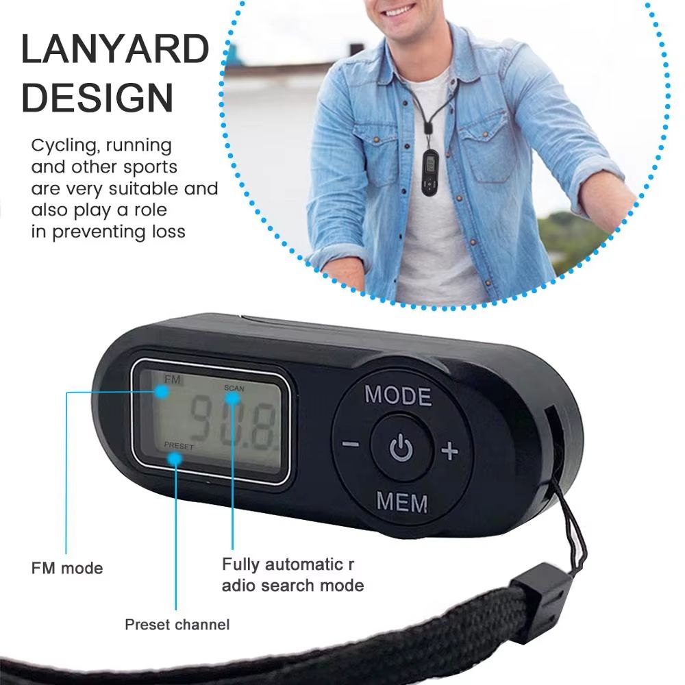 JINSERTA Portable Pocket FM Radio With LCD Display  Neck Lanyard  Mini Sports Receiver With 35mm He 1