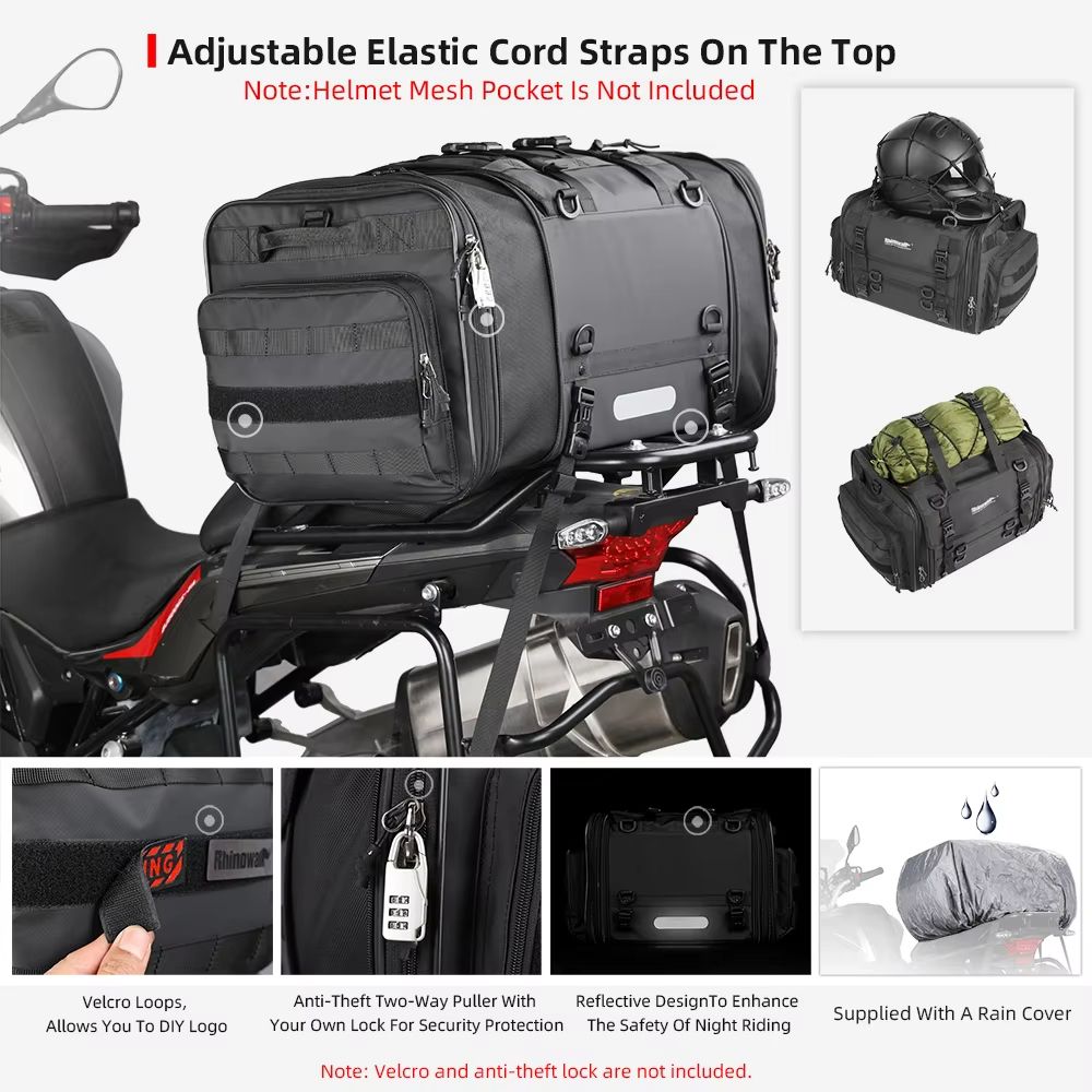 Rhinowalk Expandable Motorcycle Tail Bag Waterproof 19L80L Trunk Luggage For Touring Commuting 4