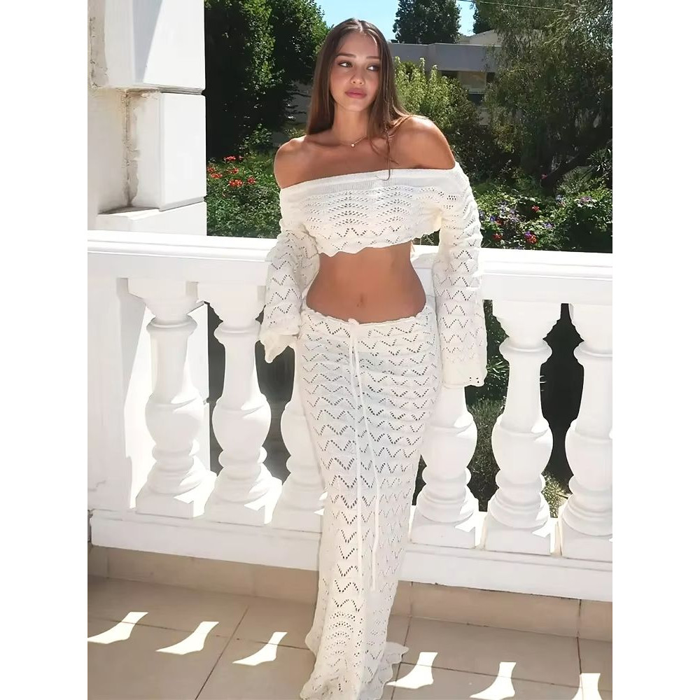 ChicWave Summer Knit Beach Set Two Piece Drawstring Skirt And One Shoulder Top 2