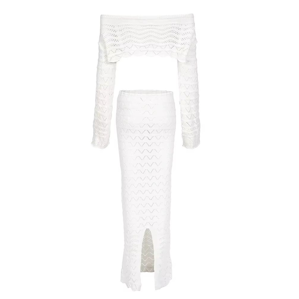 ChicWave Summer Knit Beach Set Two Piece Drawstring Skirt And One Shoulder Top 4