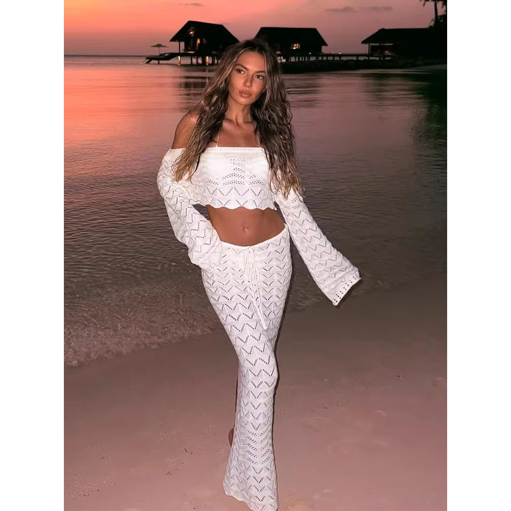 ChicWave Summer Knit Beach Set Two Piece Drawstring Skirt And One Shoulder Top 5