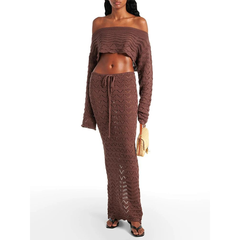 ChicWave Summer Knit Beach Set Two Piece Drawstring Skirt And One Shoulder Top 6