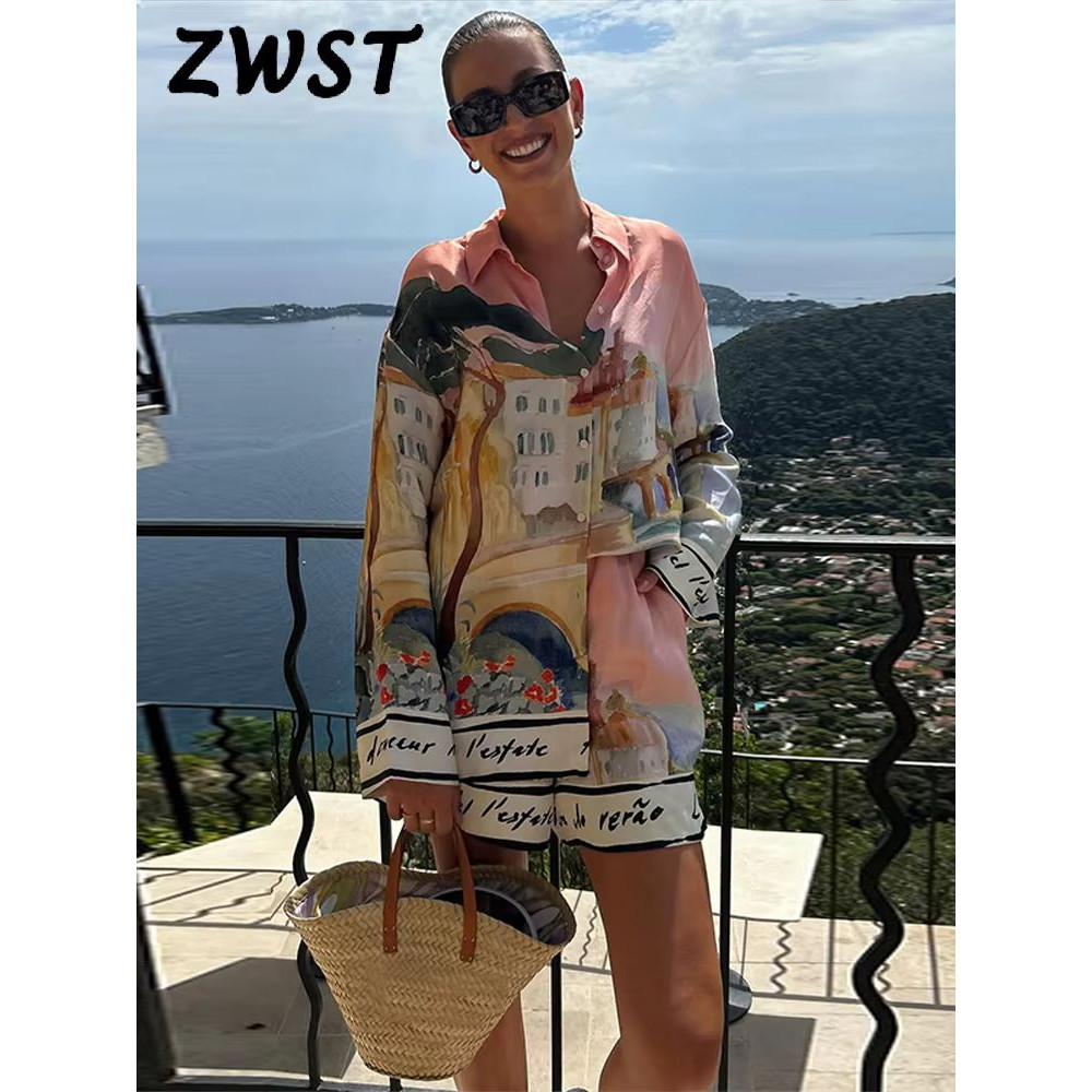 Womens Summer 2025 Printed Shirt And Shorts Set Casual Holiday Outfit 0