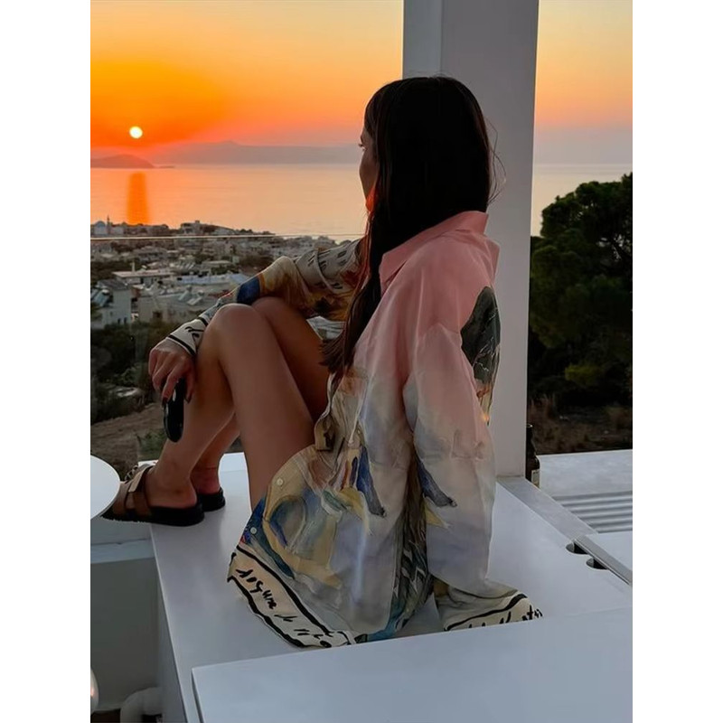 Womens Summer 2025 Printed Shirt And Shorts Set Casual Holiday Outfit 5