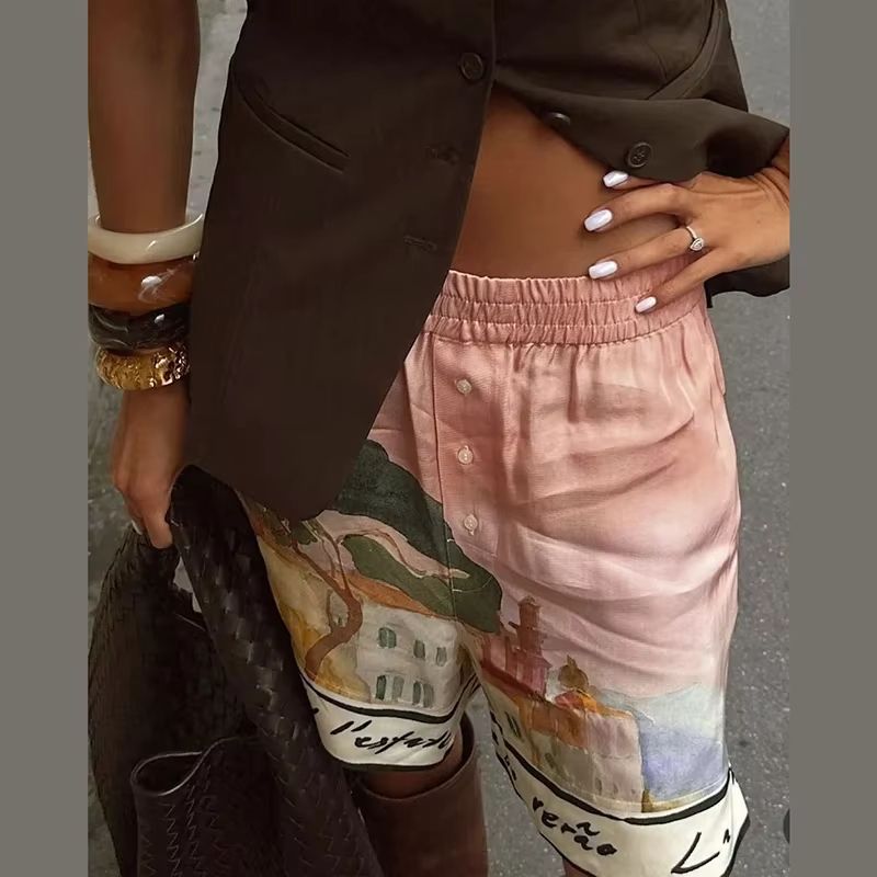 Womens Summer 2025 Printed Shirt And Shorts Set Casual Holiday Outfit 6