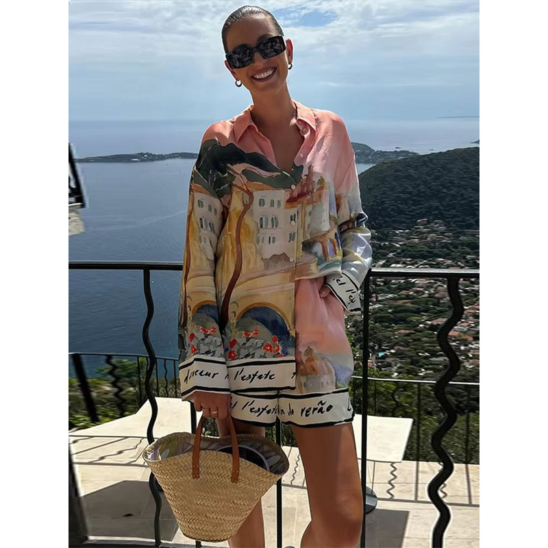 Womens Summer 2025 Printed Shirt And Shorts Set Casual Holiday Outfit 8