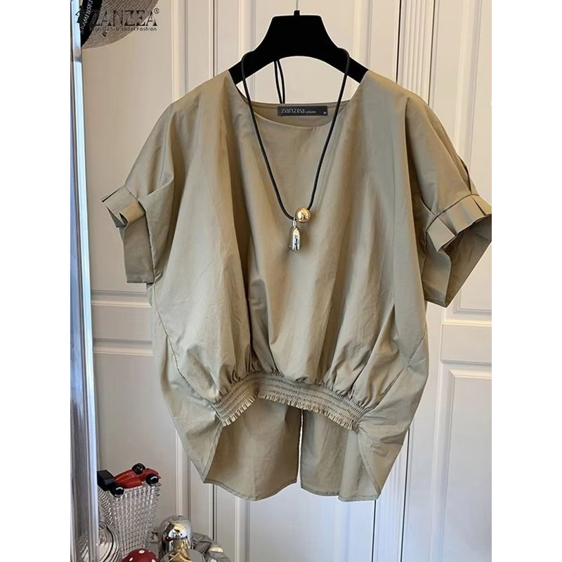 ZANZEA Womens Summer Shirred Hem Short Sleeve Blouse With Slit Back 0