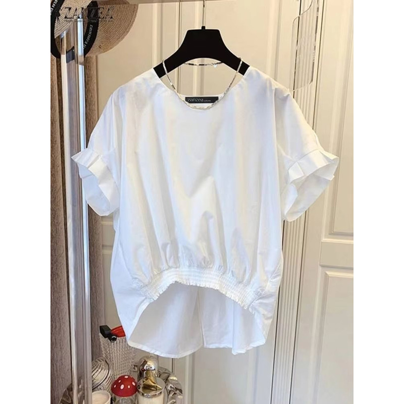 ZANZEA Womens Summer Shirred Hem Short Sleeve Blouse With Slit Back 1