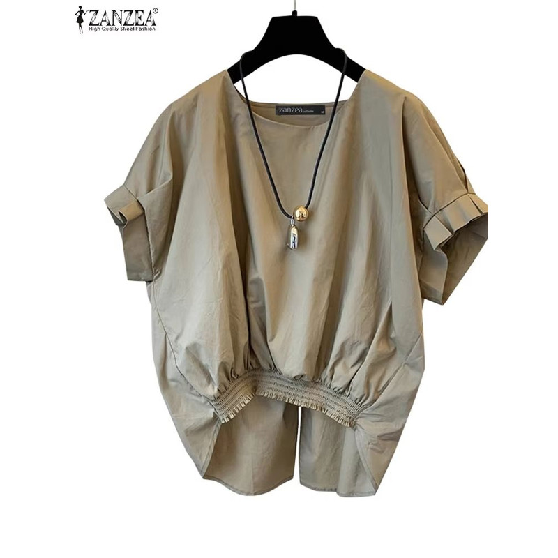 ZANZEA Womens Summer Shirred Hem Short Sleeve Blouse With Slit Back 2
