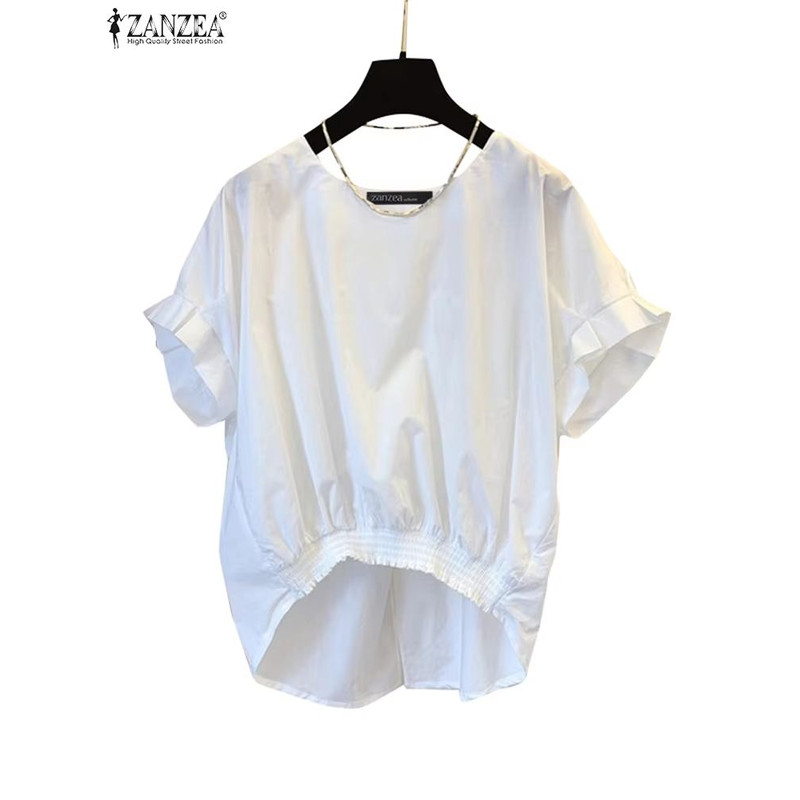 ZANZEA Womens Summer Shirred Hem Short Sleeve Blouse With Slit Back 3