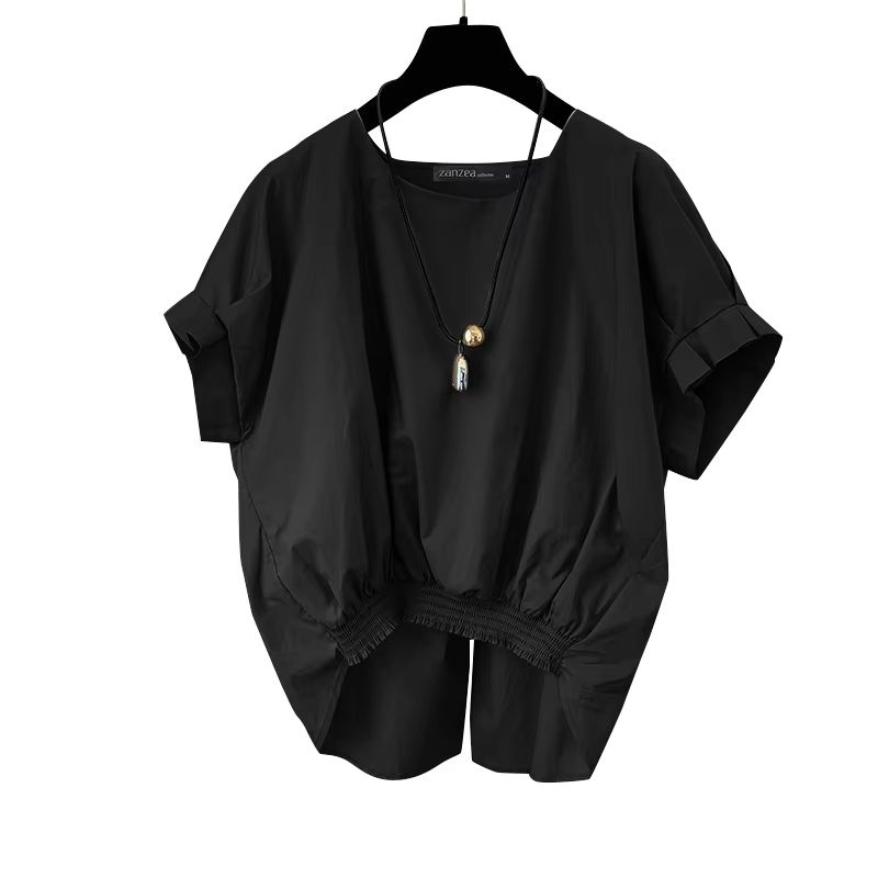 ZANZEA Womens Summer Shirred Hem Short Sleeve Blouse With Slit Back 7