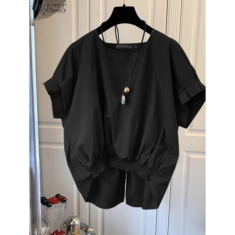 ZANZEA Womens Summer Shirred Hem Short Sleeve Blouse With Slit Back 8