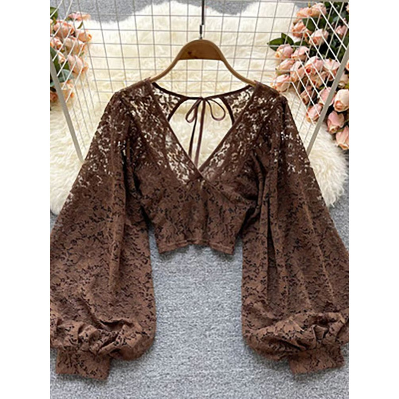 Womens Lace Open Back Blouse  VNeck Puff Sleeve Cropped Party Top 0
