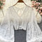 Womens Lace Open Back Blouse VNeck Puff Sleeve Cropped Party Top 1