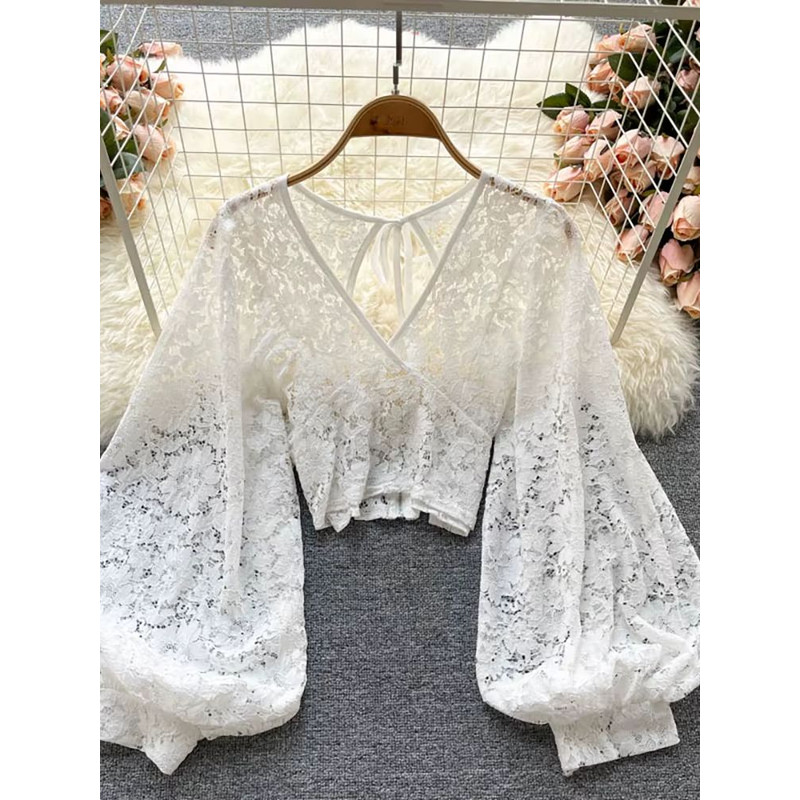 Womens Lace Open Back Blouse  VNeck Puff Sleeve Cropped Party Top 1