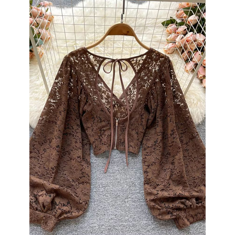 Womens Lace Open Back Blouse  VNeck Puff Sleeve Cropped Party Top 4