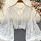 Womens Lace Open Back Blouse VNeck Puff Sleeve Cropped Party Top 6