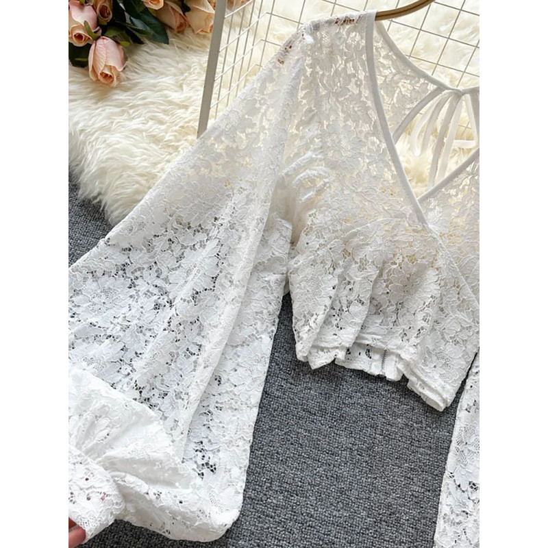 Womens Lace Open Back Blouse  VNeck Puff Sleeve Cropped Party Top 7