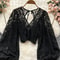 Womens Lace Open Back Blouse VNeck Puff Sleeve Cropped Party Top 12