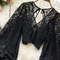 Womens Lace Open Back Blouse  VNeck Puff Sleeve Cropped Party Top 13