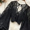 Womens Lace Open Back Blouse VNeck Puff Sleeve Cropped Party Top 13
