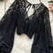 Womens Lace Open Back Blouse  VNeck Puff Sleeve Cropped Party Top 14