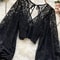 Womens Lace Open Back Blouse VNeck Puff Sleeve Cropped Party Top 14