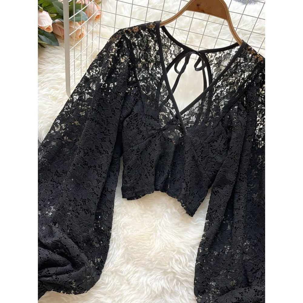 Womens Lace Open Back Blouse  VNeck Puff Sleeve Cropped Party Top 17
