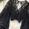 Womens Lace Open Back Blouse VNeck Puff Sleeve Cropped Party Top 17