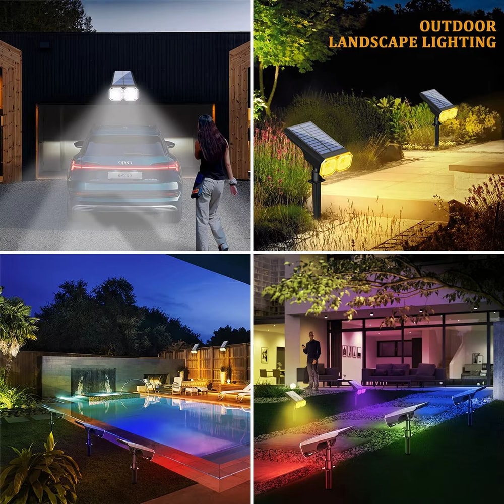 Upgraded Solar Landscape Spotlights Waterproof RGB Warm White Lights For Outdoor Driveway And Gar