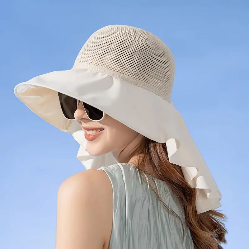 Womens Summer Sun Hat With Face And Neck Protection  Lightweight Mesh Bucket Hat With Shawl And Bow 10