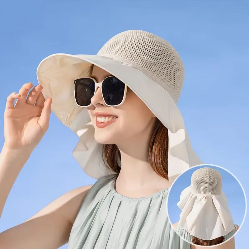 Womens Summer Sun Hat With Face And Neck Protection  Lightweight Mesh Bucket Hat With Shawl And Bow 1