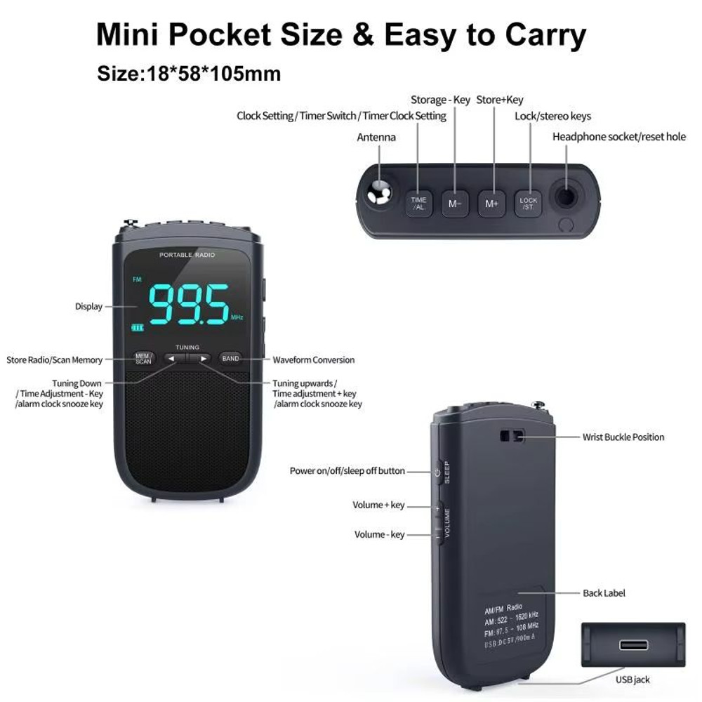 Mini AMFM Portable Radio With Stereo Speaker  Rechargeable Pocket Radio With Alarm Clock  Weather B 3