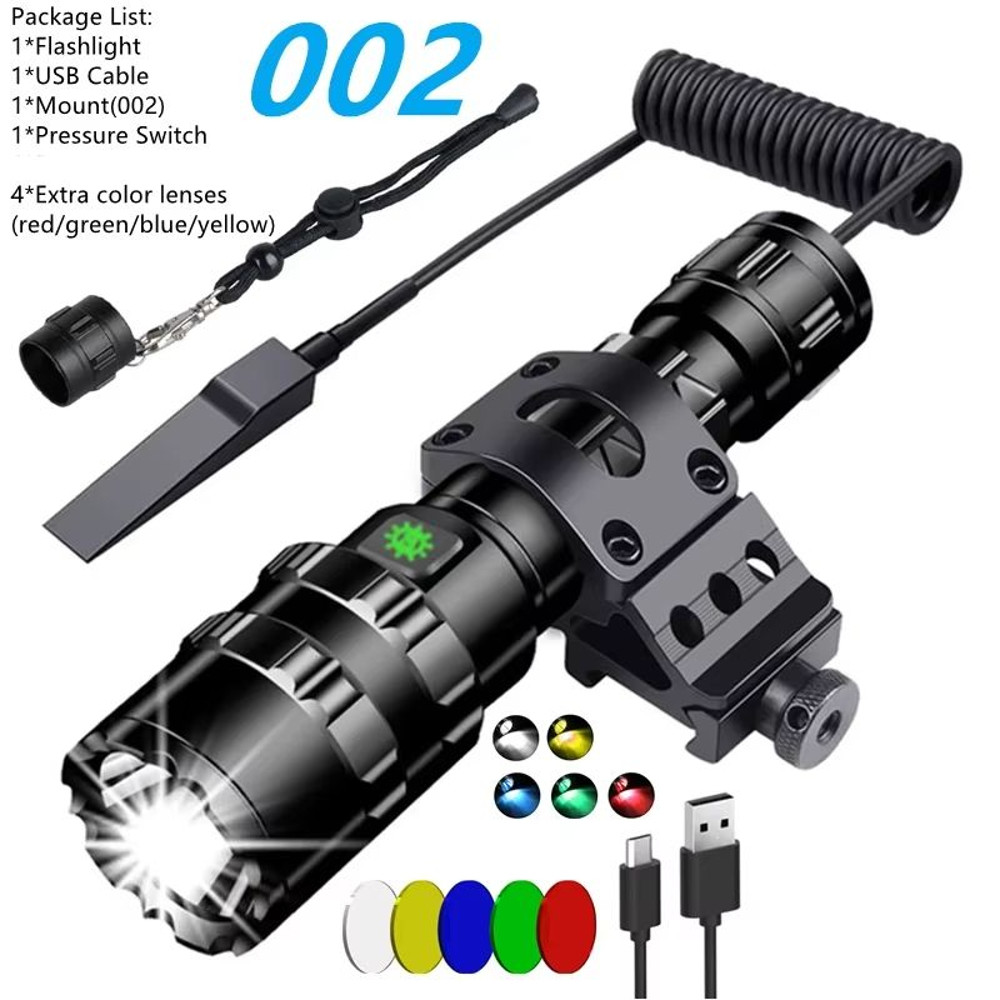 LED Tactical Flashlight With Gun Mount  USB Rechargeable Waterproof Hunting Torch 12