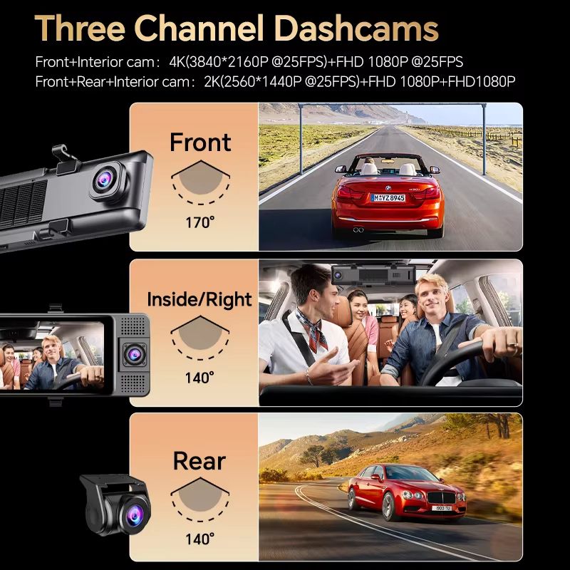 OBDPEAK 4K Triple Dash Cam With GPS  Front Inside  Rear Car DVR With Night Vision  Parking Monitor 1