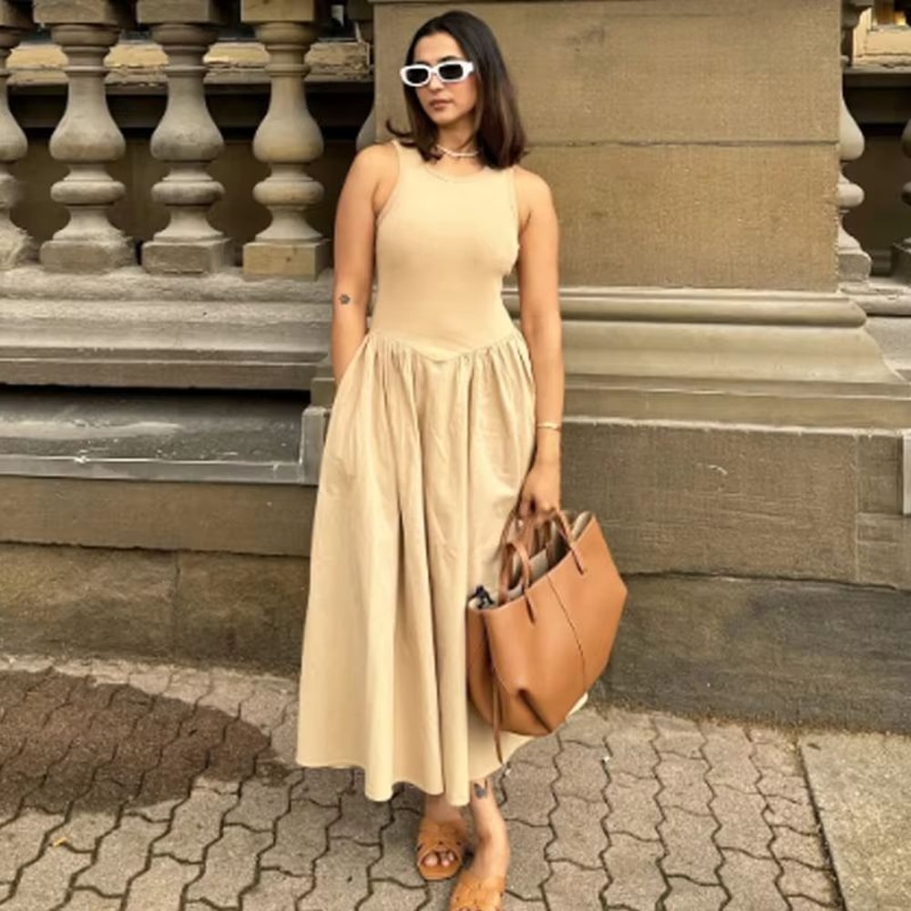 Elegant Sleeveless Long Dress For Women 2025 Spring Fashion Casual Party Dress In Black Khaki 5