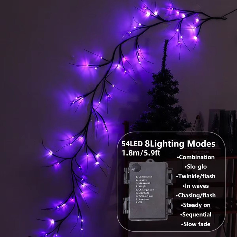 Purple LED Rattan Branch Garland 54 LED Halloween Lights Battery Powered 3