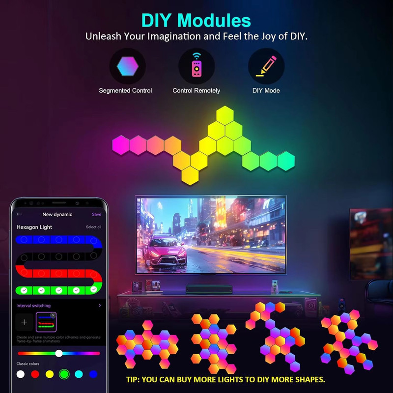 Smart Hexagon RGB LED Wall Light Panels DIY Music Sync Gaming Light 2