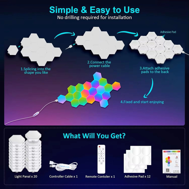 Smart Hexagon RGB LED Wall Light Panels DIY Music Sync Gaming Light 5