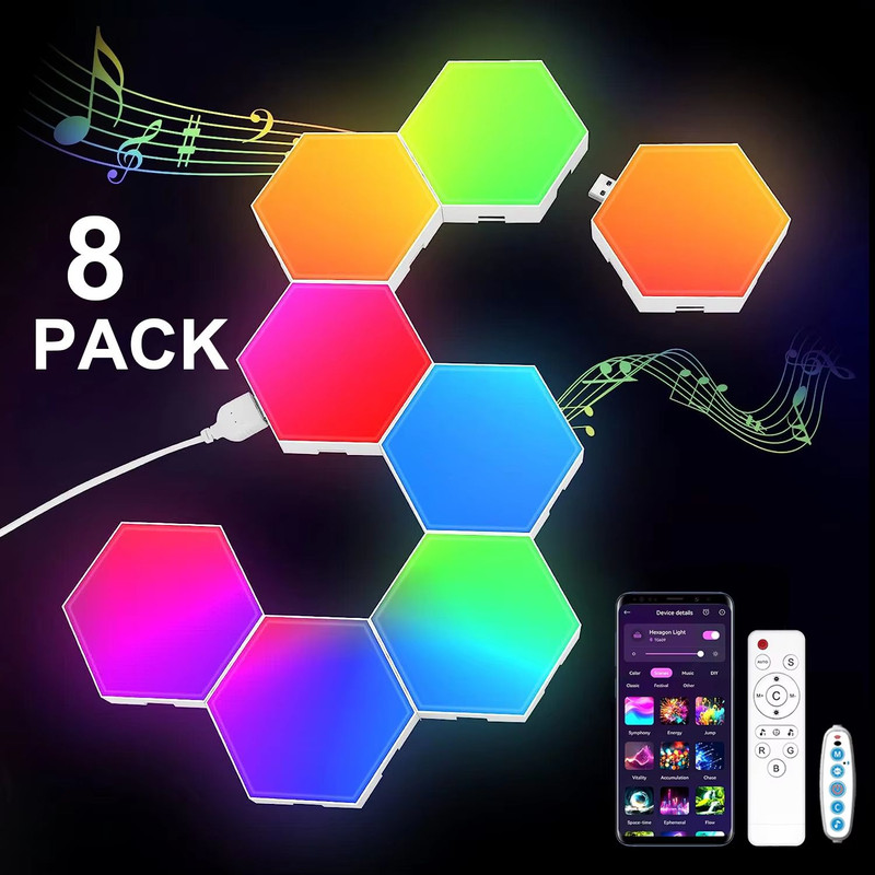 Smart Hexagon RGB LED Wall Light Panels DIY Music Sync Gaming Light 6