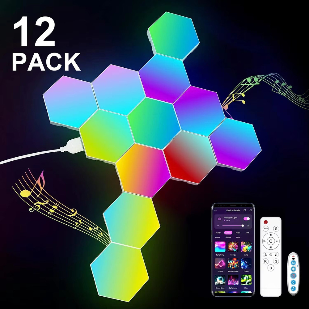 Smart Hexagon RGB LED Wall Light Panels DIY Music Sync Gaming Light 8