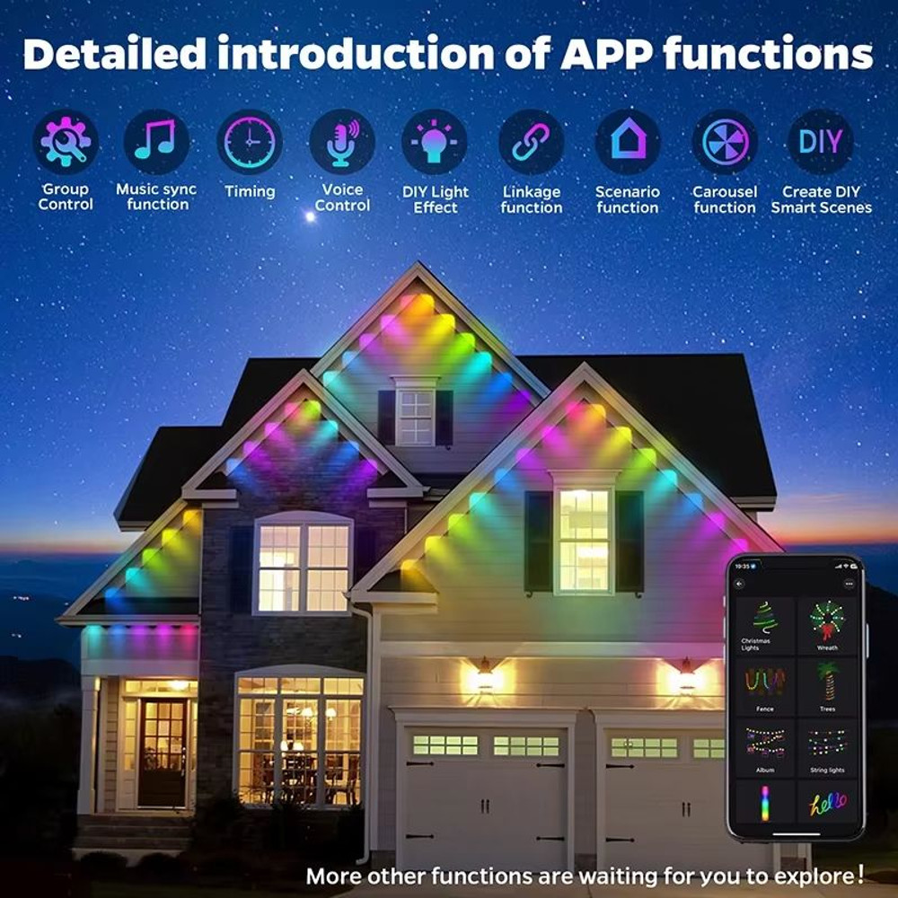 100 FT Waterproof RGB Outdoor Eaves String Lights Bluetooth App Control 2